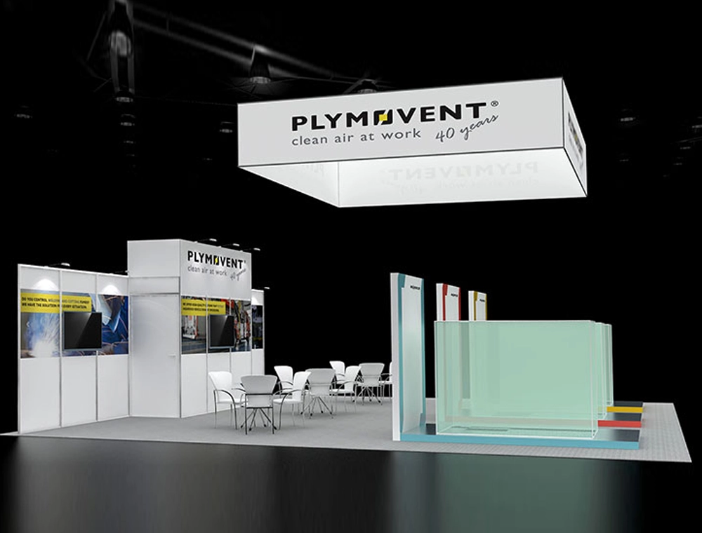 30x30 booth design with central demo and LED wall